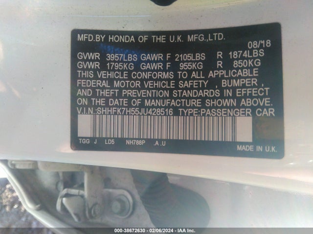 Honda CIVIC EX 2018 SHHFK7H55JU428516 Image 9