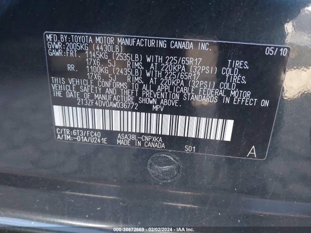 2010 TOYOTA RAV4 VIN: 2T3ZF4DV0AW036772