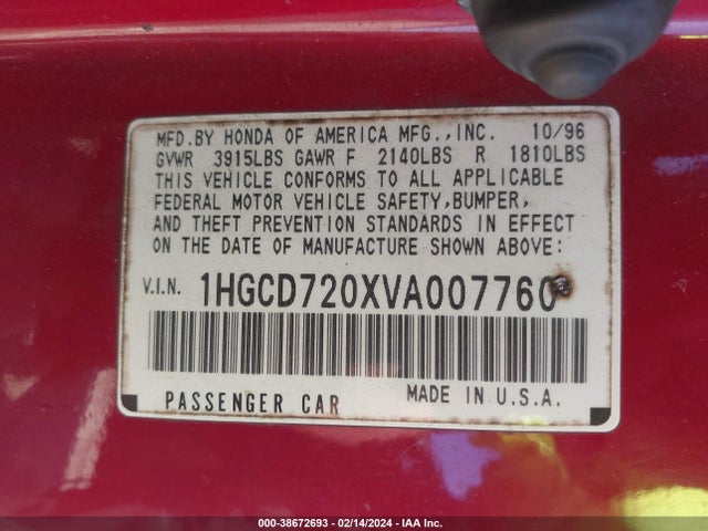 1997 HONDA ACCORD SE VIN: 1HGCD720XVA007760
