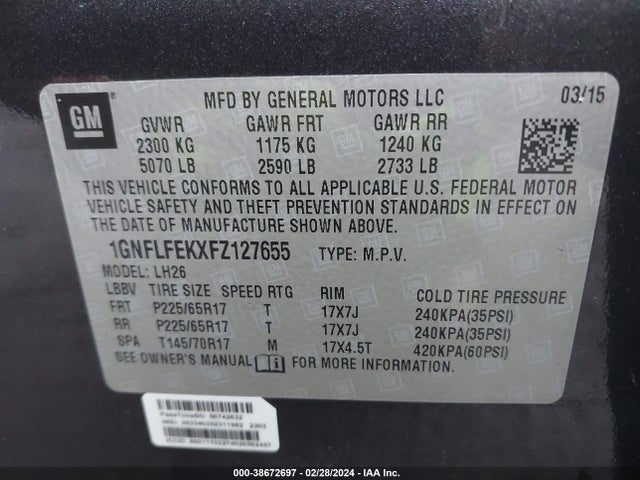 Chevrolet EQUINOX 1LT 2015 1GNFLFEKXFZ127655 Image 9