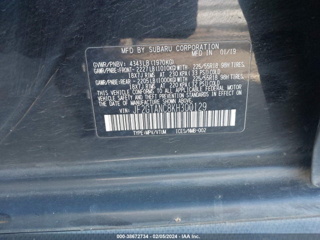 2019 SUBARU CROSSTREK 2.0I LIMITED VIN: JF2GTANC8KH300129