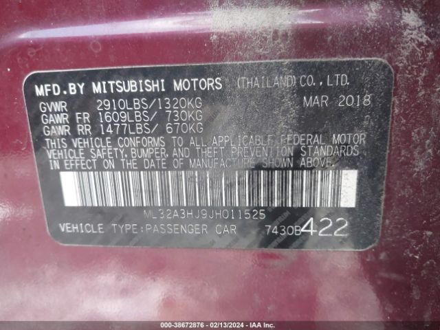 ML32A3HJ9JH011525 Mitsubishi MIRAGE ES