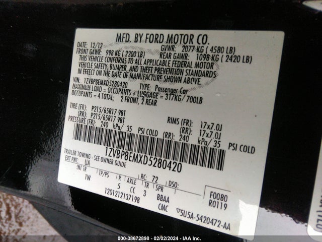 2013 FORD MUSTANG V6 VIN: 1ZVBP8EMXD5280420