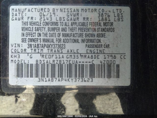 3N1AB7AP4KY373623 Nissan SENTRA SR