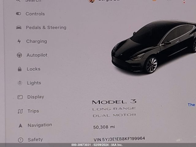 5YJ3E1EB8KF199964 Tesla Model 3 Long Range/performance