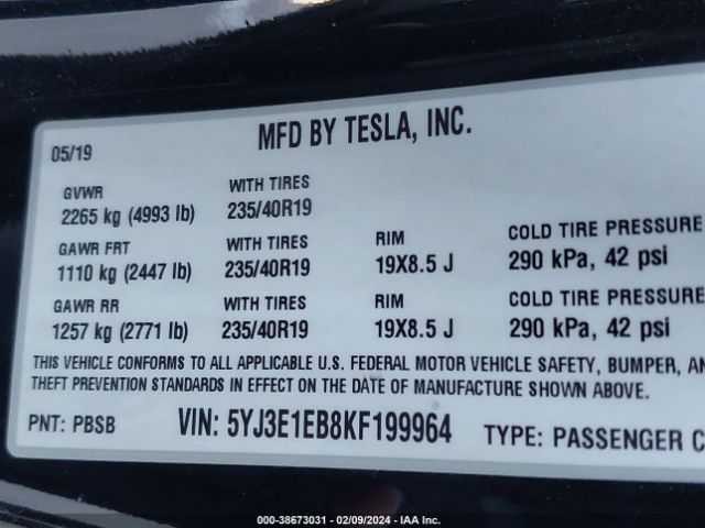 5YJ3E1EB8KF199964 Tesla Model 3 Long Range/performance
