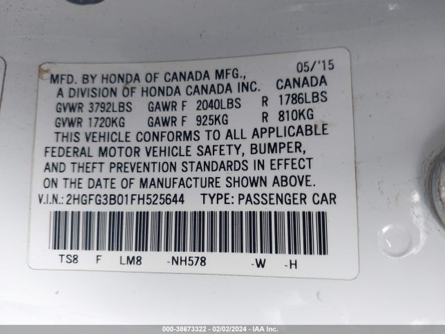 Honda Civic Ex-l 2015 2HGFG3B01FH525644 Image 9