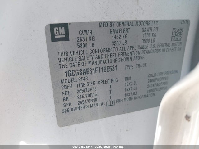 Chevrolet Colorado Wt 2015 1GCGSAE31F1158531 Image 9