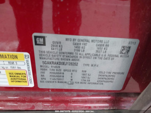 Buick Enclave Convenience 2014 5GAKRAKD0EJ128262 Image 9
