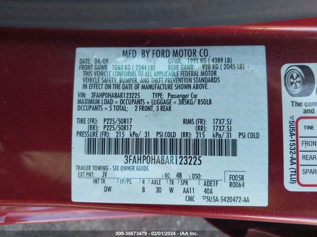 38673479 :رقم المزاد ، 3FAHP0HA8AR123225 vin ، 2010 Ford Fusion Se مزاد بيع