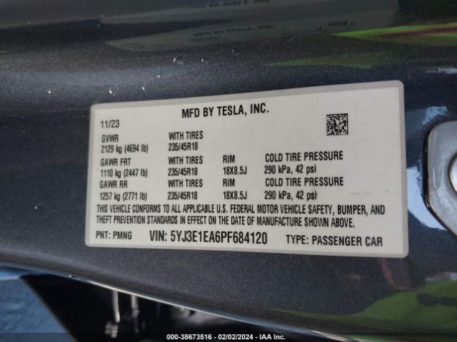 5YJ3E1EA6PF684120 Tesla Model 3 Rear-wheel Drive