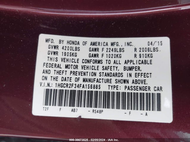 Honda ACCORD LX 2015 1HGCR2F34FA156885 Image 9