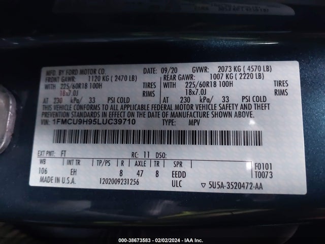Ford ESCAPE SEL 2020 1FMCU9H95LUC39710 Image 9