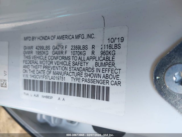 Honda Accord Ex-l 2020 1HGCV1F57LA019751 Image 9
