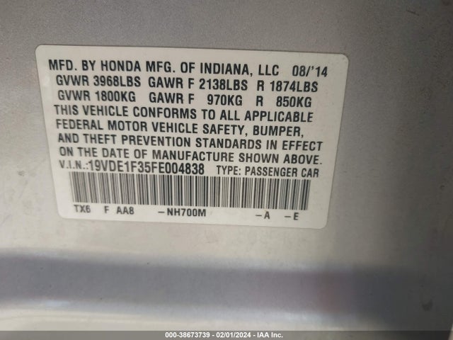Acura Ilx 2.0l 2015 19VDE1F35FE004838 Image 9