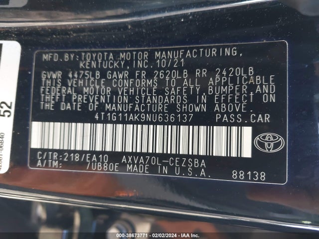 Toyota CAMRY SE 2022 4T1G11AK9NU636137 Image 9
