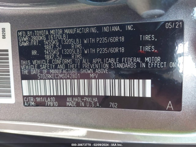 Toyota Sienna Limited 2021 5TDZRKEC2MS042801 Image 9