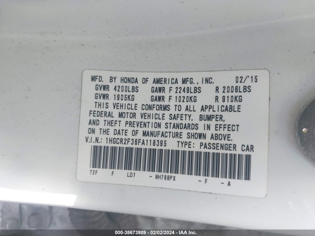 Honda ACCORD LX 2015 1HGCR2F36FA118395 Image 9