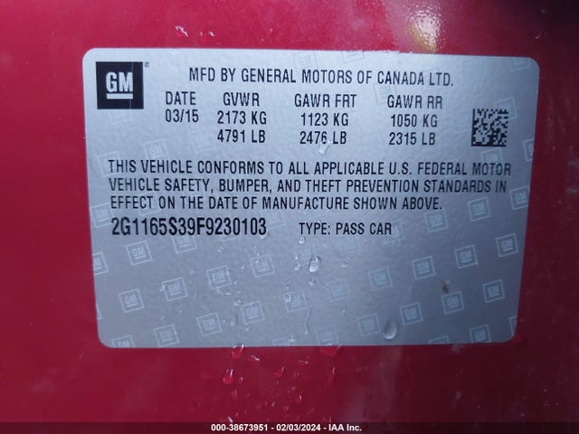 Chevrolet IMPALA 2LZ 2015 2G1165S39F9230103 Image 9