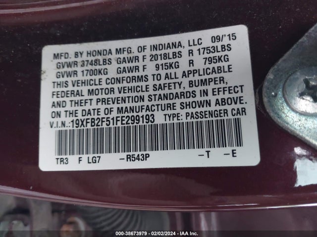 Honda Civic Lx 2015 19XFB2F51FE299193 Image 9