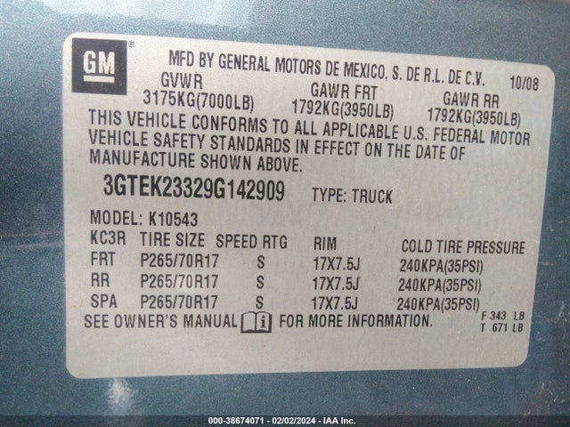 2009 GMC SIERRA 1500 SLE VIN: 3GTEK23329G142909