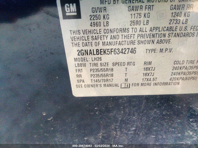 Chevrolet EQUINOX 1LT 2015 2GNALBEK5F6342746 Image 9