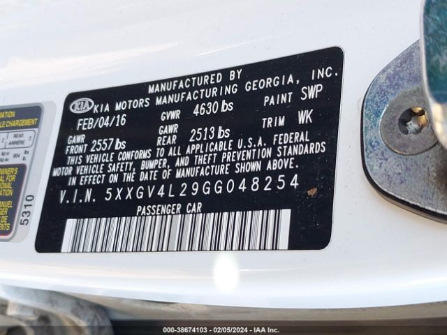 5XXGV4L29GG048254 KIA Optima Sxl Turbo