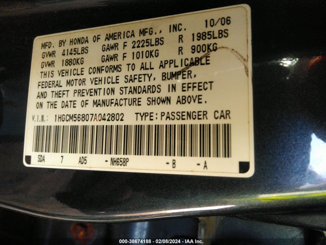 2007 HONDA ACCORD 2.4 EX VIN: 1HGCM56807A042802