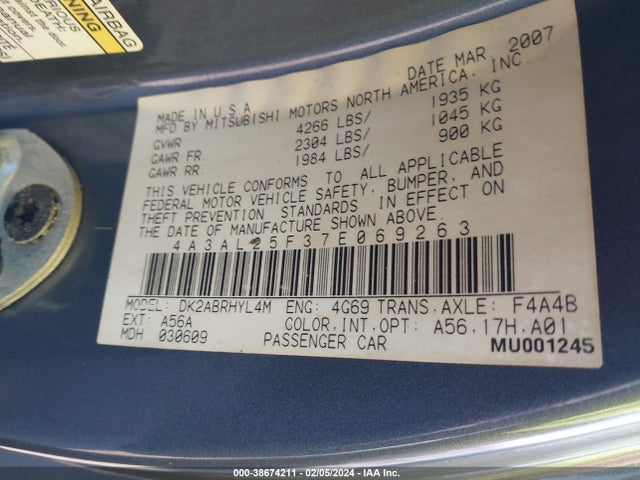 2007 MITSUBISHI ECLIPSE SPYDER GS VIN: 4A3AL25F37E069263