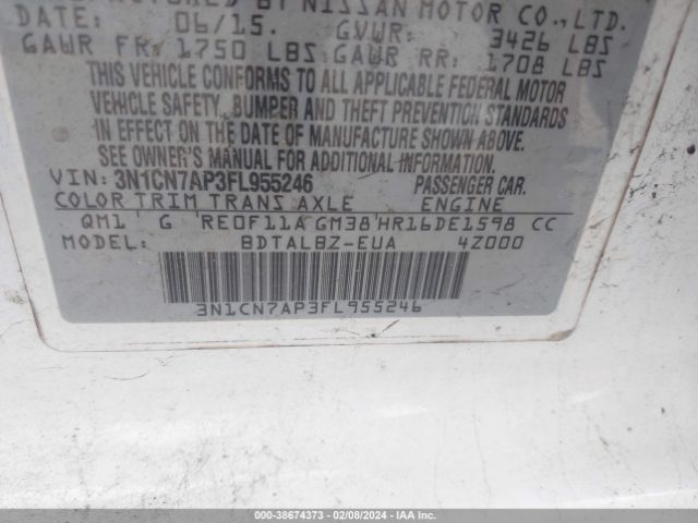 3N1CN7AP3FL955246 Nissan Versa 1.6 Sv