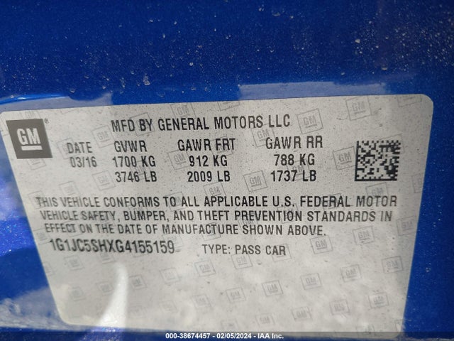 Chevrolet Sonic Lt Auto 2016 1G1JC5SHXG4155159 Image 9