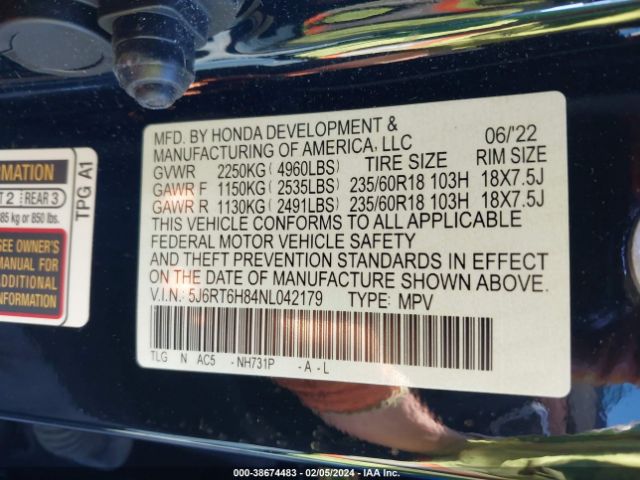 5J6RT6H84NL042179 Honda Cr-v Hybrid Ex-l