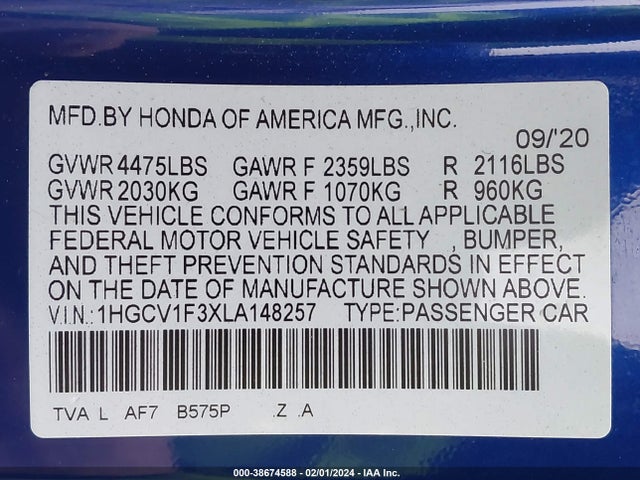 Продажа на аукционе авто 2020 Honda Accord Sport, vin: 1HGCV1F3XLA148257, номер лота: 38674588
