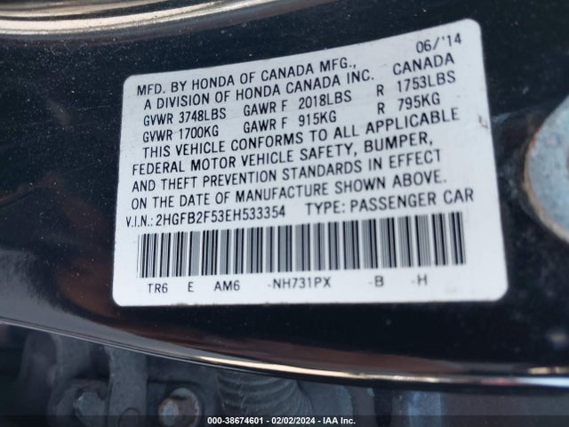 Honda Civic Lx 2014 2HGFB2F53EH533354 Image 9