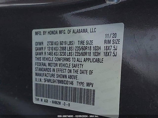 Honda Odyssey Ex-l 2021 5FNRL6H78MB030146 Image 9