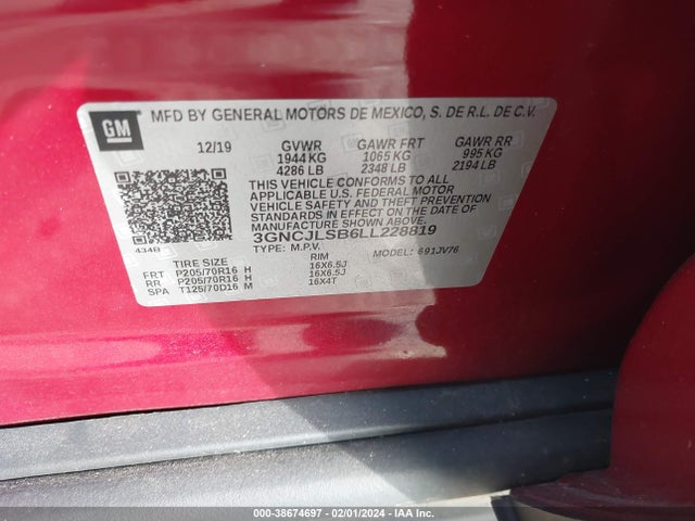 Chevrolet Trax Fwd Lt 2020 3GNCJLSB6LL228819 Image 9