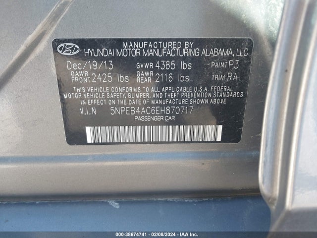 Hyundai SONATA GLS 2014 5NPEB4AC6EH870717 Image 9