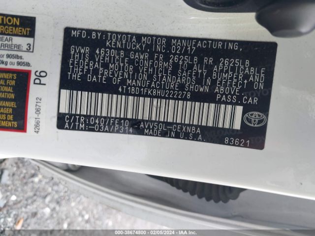 4T1BD1FK8HU222278 Toyota Camry Hybrid Le