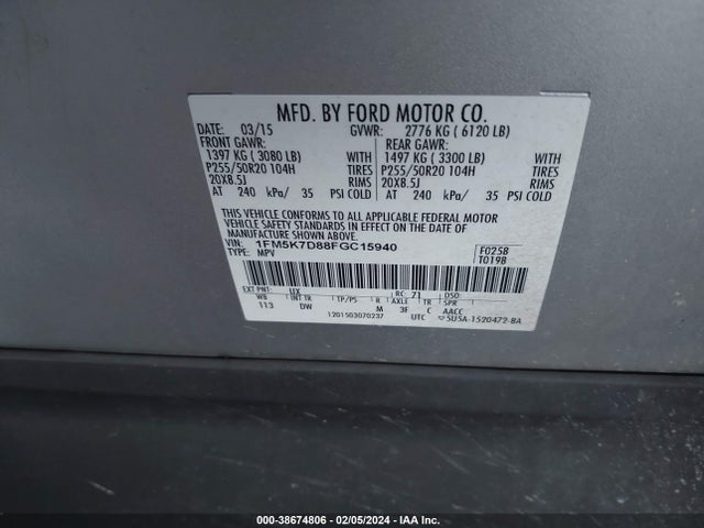 Ford EXPLORER XLT 2015 1FM5K7D88FGC15940 Image 9