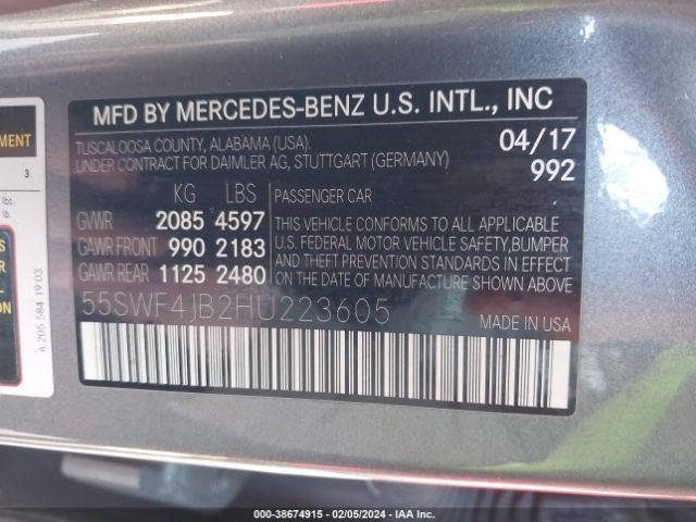 55SWF4JB2HU223605 Mercedes-Benz C 300 Luxury/sport