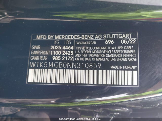 W1K5J4GB0NN310859 Mercedes-Benz Cla 250 Coupe