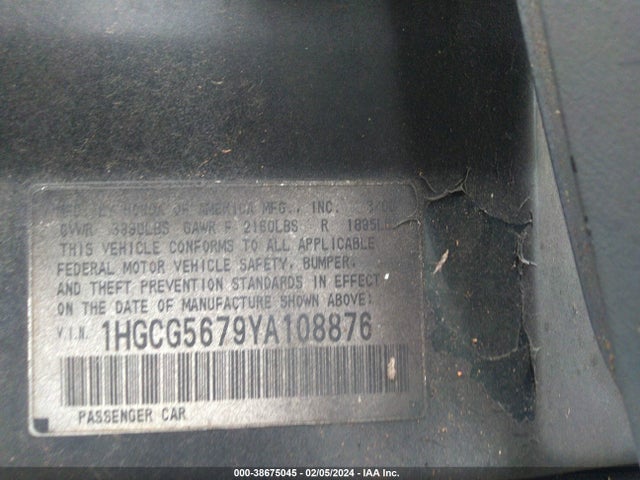 2000 HONDA ACCORD 2.3 SE VIN: 1HGCG5679YA108876