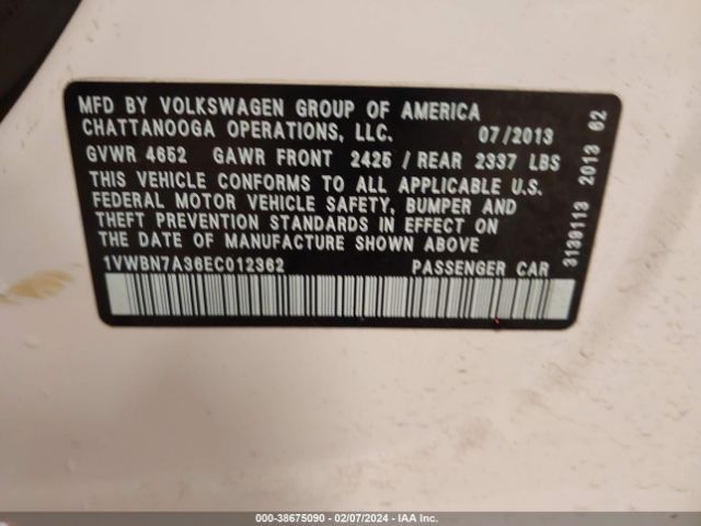 1VWBN7A36EC012362 Volkswagen Passat 2.0l Tdi Se