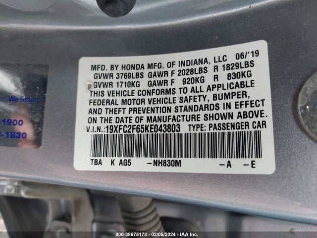 Honda Civic Lx 2019 19XFC2F65KE043803 Image 9