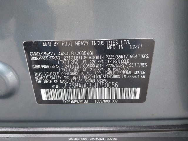 2011 SUBARU FORESTER 2.5X PREMIUM VIN: JF2SHADC3BH750056