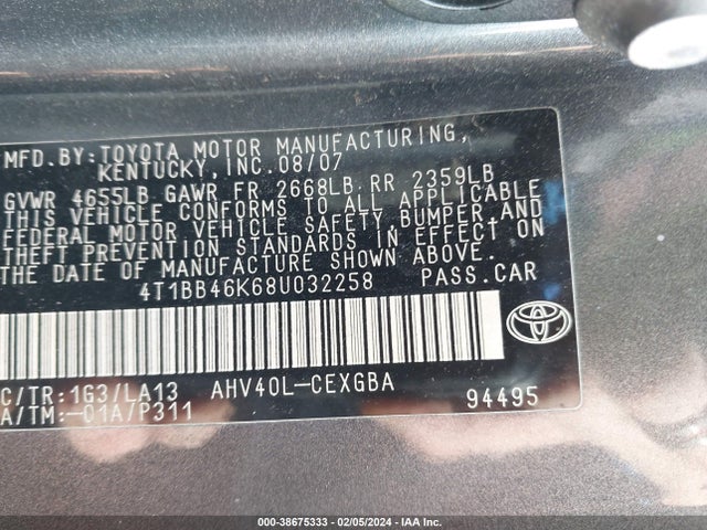 2008 TOYOTA CAMRY HYBRID VIN: 4T1BB46K68U032258