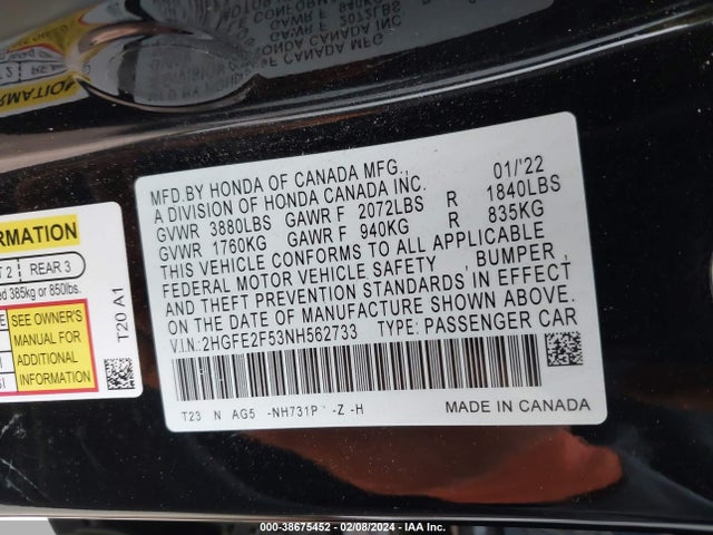 Honda Civic Sport 2022 2HGFE2F53NH562733 Image 9