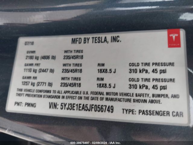 5YJ3E1EA5JF056749 Tesla Model 3 Long Range/mid Range