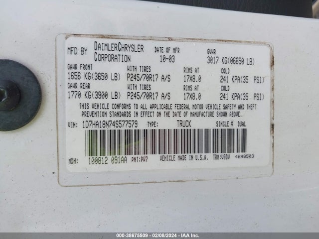 2004 DODGE RAM 1500 SLT/LARAMIE VIN: 1D7HA18N74S577579