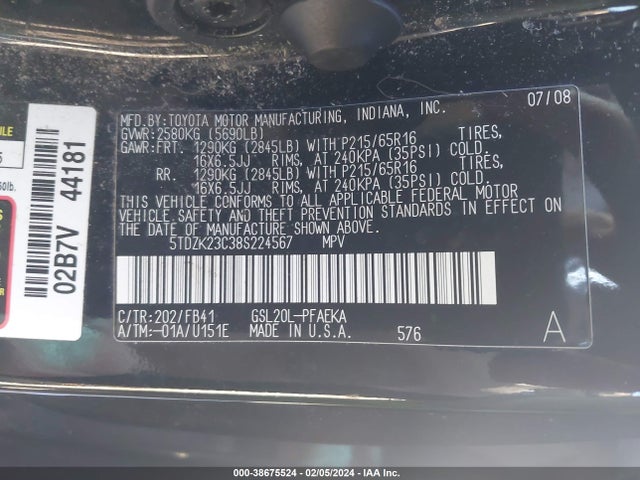 2008 TOYOTA SIENNA CE VIN: 5TDZK23C38S224567
